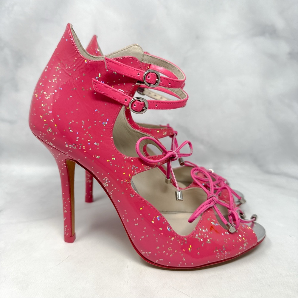 NEW Sophia Webster Finn Glitter Patent Leather Mary Jane Bow Sandal Heels Pink